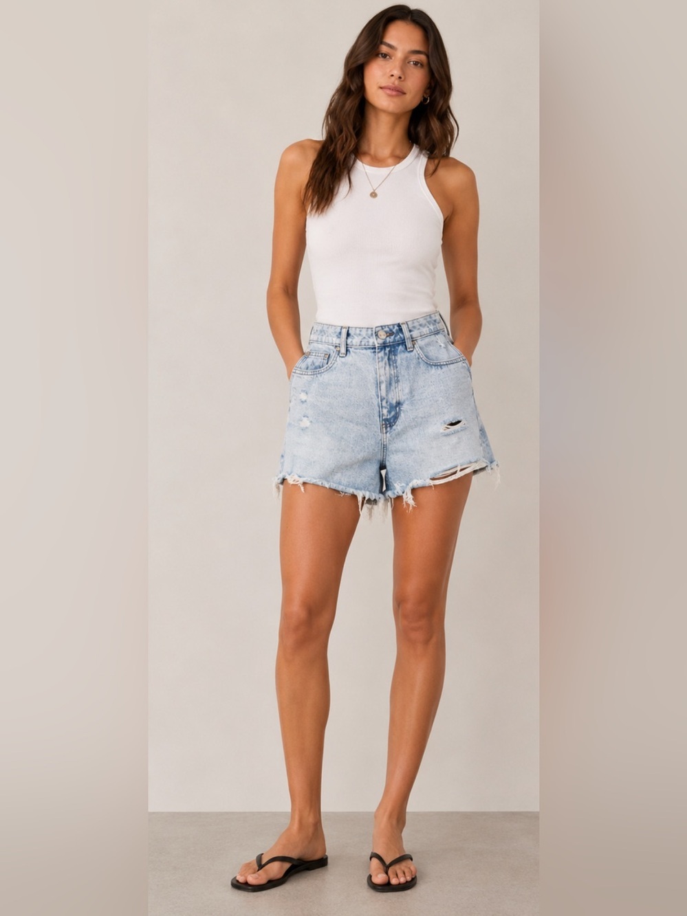 Primark Light Wash Distressed High-Rise Denim Shorts Size -8 Scandi Casual